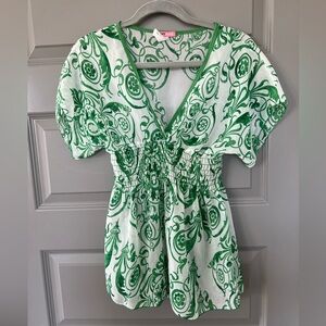 Max Rave Green and White Paisley Print V-Neck Blouse Size Medium